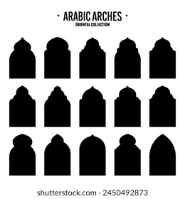 Islamic frames, oriental style objects. Arabic shapes, windows and arches. Traditional ornamental banner, frame. Muslim holidays, Ramadan Kareem. Modern eastern architecture. Vector illustration