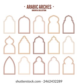 Islamic frames, oriental style objects. Arabic shapes, windows and arches. Traditional ornamental banner, frame. Muslim holidays, Ramadan Kareem. Modern eastern architecture. Vector illustration
