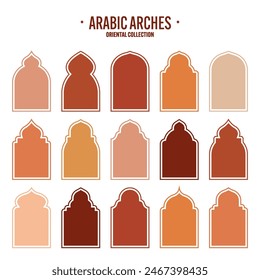 Islamic frames, oriental style objects. Arabic shapes, windows and arches. Traditional ornamental banner, frame. Muslim holidays, Ramadan Kareem. Modern eastern architecture. Vector illustration