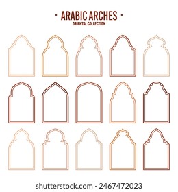 Islamic frames, oriental style objects. Arabic shapes, windows and arches. Traditional ornamental banner, frame. Muslim holidays, Ramadan Kareem. Modern eastern architecture. Vector illustration