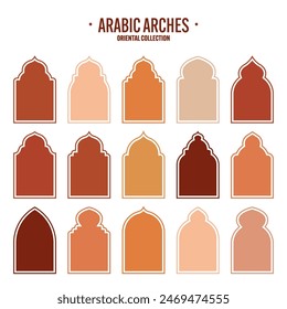 Islamic frames, oriental style objects. Arabic shapes, windows and arches. Traditional ornamental banner, frame. Muslim holidays, Ramadan Kareem. Modern eastern architecture. Vector illustration