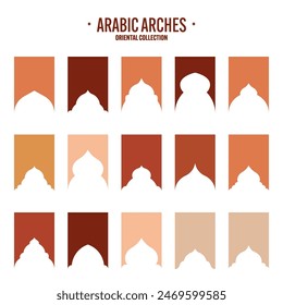 Islamic frames, oriental style objects. Arabic shapes, windows and arches. Traditional ornamental banner, frame. Muslim holidays, Ramadan Kareem. Modern eastern architecture. Vector illustration