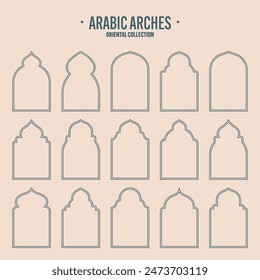 Islamic frames, oriental style objects. Arabic shapes, windows and arches. Traditional ornamental banner, frame. Muslim holidays, Ramadan Kareem. Modern eastern architecture. Vector illustration