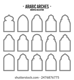 Islamic frames, oriental style objects. Arabic shapes, windows and arches. Traditional ornamental banner, frame. Muslim holidays, Ramadan Kareem. Modern eastern architecture. Vector illustration