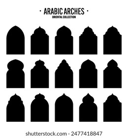 Islamic frames, oriental style objects. Arabic shapes, windows and arches. Traditional ornamental banner, frame. Muslim holidays, Ramadan Kareem. Modern eastern architecture. Vector illustration
