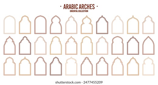Islamic frames, oriental style objects. Arabic shapes, windows and arches. Traditional ornamental banner, frame. Muslim holidays, Ramadan Kareem. Modern eastern architecture. Vector illustration