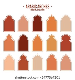 Islamic frames, oriental style objects. Arabic shapes, windows and arches. Traditional ornamental banner, frame. Muslim holidays, Ramadan Kareem. Modern eastern architecture. Vector illustration