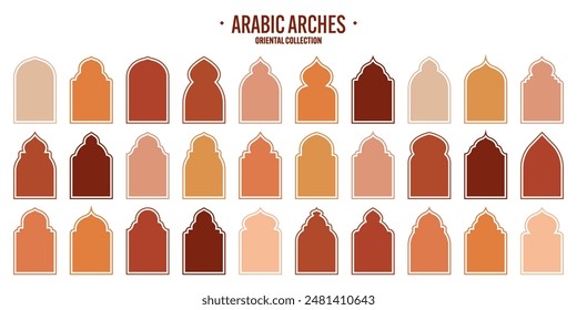 Islamic frames, oriental style objects. Arabic shapes, windows and arches. Traditional ornamental banner, frame. Muslim holidays, Ramadan Kareem. Modern eastern architecture. Vector illustration