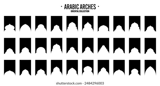 Islamic frames, oriental style objects. Arabic shapes, windows and arches. Traditional ornamental banner, frame. Muslim holidays, Ramadan Kareem. Modern eastern architecture. Vector illustration