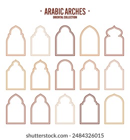 Islamic frames, oriental style objects. Arabic shapes, windows and arches. Traditional ornamental banner, frame. Muslim holidays, Ramadan Kareem. Modern eastern architecture. Vector illustration