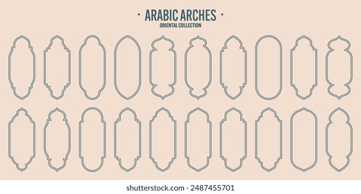 Islamic frames, oriental style objects. Arabic shapes, windows and arches. Traditional ornamental banner, frame. Muslim holidays, Ramadan Kareem. Modern eastern architecture. Vector illustration