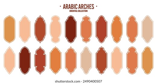 Islamic frames, oriental style objects. Arabic shapes, windows and arches. Traditional ornamental banner, frame. Muslim holidays, Ramadan Kareem. Modern eastern architecture. Vector illustration