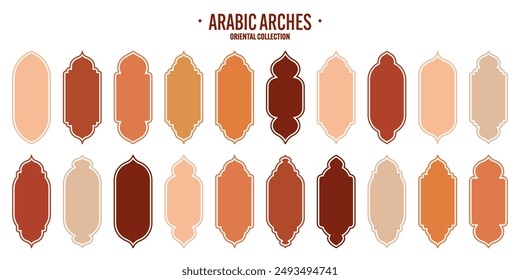 Islamic frames, oriental style objects. Arabic shapes, windows and arches. Traditional ornamental banner, frame. Muslim holidays, Ramadan Kareem. Modern eastern architecture. Vector illustration