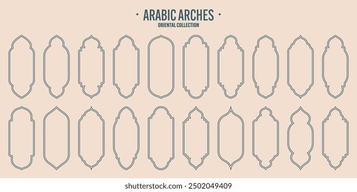 Islamic frames, oriental style objects. Arabic shapes, windows and arches. Traditional ornamental banner, frame. Muslim holidays, Ramadan Kareem. Modern eastern architecture. Vector illustration