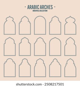 Islamic frames, oriental style objects. Arabic shapes, windows and arches. Traditional ornamental banner, frame. Muslim holidays, Ramadan Kareem. Modern eastern architecture. Vector illustration