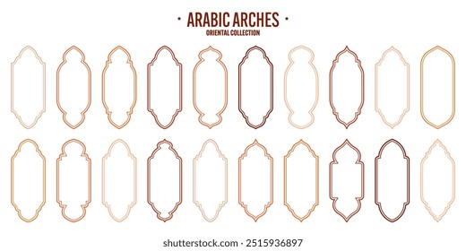 Islamic frames, oriental style objects. Arabic shapes, windows and arches. Traditional ornamental banner, frame. Muslim holidays, Ramadan Kareem. Modern eastern architecture. Vector illustration