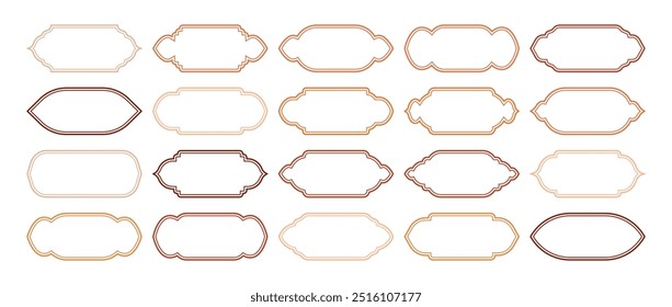 Islamic frames, oriental style objects. Arabic shapes, windows and arches. Traditional ornamental banner, frame. Muslim holidays, Ramadan Kareem. Modern eastern architecture. Vector illustration