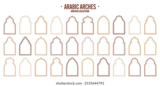 Quadros islâmicos, objetos de estilo oriental. Formas árabes, janelas e arcos. Banner ornamental tradicional, moldura. Feriados muçulmanos, Ramadan Kareem. Arquitetura moderna oriental. Ilustração vetorial
