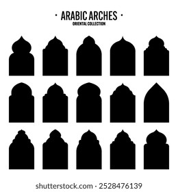 Marcos islámicos, objetos de estilo oriental. Formas, ventanas y arcos árabes. Anuncio ornamental tradicional, marco. Fiestas musulmanas, Ramadán Kareem. Arquitectura oriental moderna. Ilustración vectorial