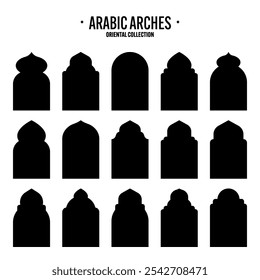 Marcos islámicos, objetos de estilo oriental. Formas, ventanas y arcos árabes. Anuncio ornamental tradicional, marco. Fiestas musulmanas, Ramadán Kareem. Arquitectura oriental moderna. Ilustración vectorial