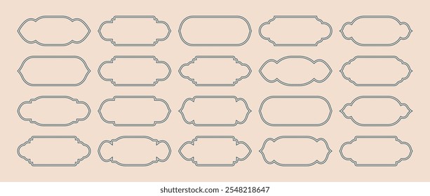 Islamic frames, oriental style objects. Arabic shapes, windows and arches. Traditional ornamental banner, frame. Muslim holidays, Ramadan Kareem. Modern eastern architecture. Vector illustration