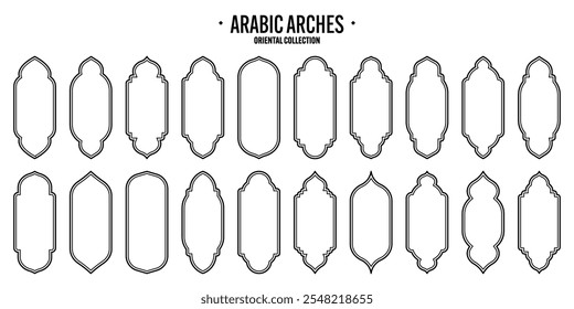 Islamic frames, oriental style objects. Arabic shapes, windows and arches. Traditional ornamental banner, frame. Muslim holidays, Ramadan Kareem. Modern eastern architecture. Vector illustration