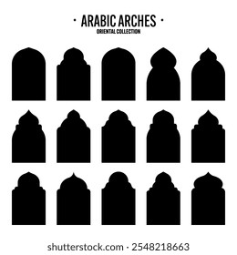 Islamic frames, oriental style objects. Arabic shapes, windows and arches. Traditional ornamental banner, frame. Muslim holidays, Ramadan Kareem. Modern eastern architecture. Vector illustration