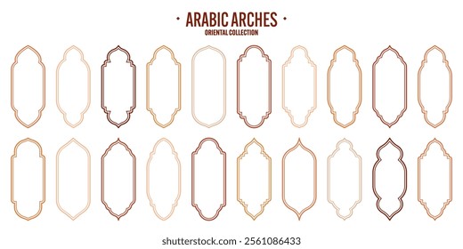 Islamic frames, oriental style objects. Arabic shapes, windows and arches. Traditional ornamental banner, frame. Muslim holidays, Ramadan Kareem. Modern eastern architecture. Vector illustration