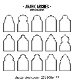 Islamic frames, oriental style objects. Arabic shapes, windows and arches. Traditional ornamental banner, frame. Muslim holidays, Ramadan Kareem. Modern eastern architecture. Vector illustration