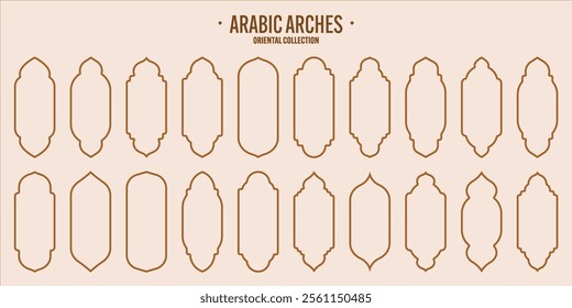 Islamic frames, oriental style objects. Arabic shapes, windows and arches. Traditional ornamental banner, frame. Muslim holidays, Ramadan Kareem. Modern eastern architecture. Vector illustration