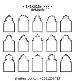 Islamic frames, oriental style objects. Arabic shapes, windows and arches. Traditional ornamental banner, frame. Muslim holidays, Ramadan Kareem. Modern eastern architecture. Vector illustration