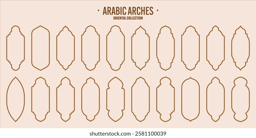 Islamic frames, oriental style objects. Arabic shapes, windows and arches. Traditional ornamental banner, frame. Muslim holidays, Ramadan Kareem. Modern eastern architecture. Vector illustration