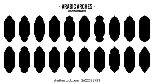Islamic frames, oriental style objects. Arabic shapes, windows and arches. Traditional ornamental banner, frame. Muslim holidays, Ramadan Kareem. Modern eastern architecture. Vector illustration