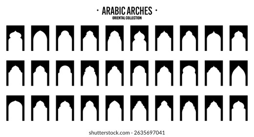 Islamic frames, oriental style objects. Arabic shapes, windows and arches. Traditional ornamental banner, frame. Muslim holidays, Ramadan Kareem. Modern eastern architecture. Vector illustration