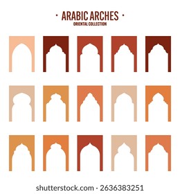 Islamic frames, oriental style objects. Arabic shapes, windows and arches. Traditional ornamental banner, frame. Muslim holidays, Ramadan Kareem. Modern eastern architecture. Vector illustration
