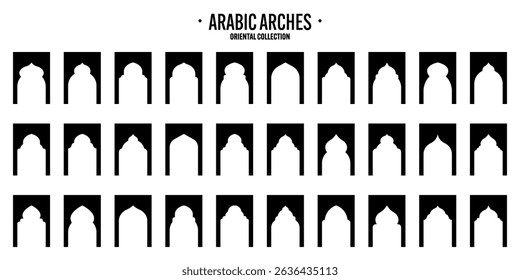 Islamic frames, oriental style objects. Arabic shapes, windows and arches. Traditional ornamental banner, frame. Muslim holidays, Ramadan Kareem. Modern eastern architecture. Vector illustration
