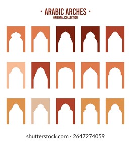 Islamic frames, oriental style objects. Arabic shapes, windows and arches. Traditional ornamental banner, frame. Muslim holidays, Ramadan Kareem. Modern eastern architecture. Vector illustration