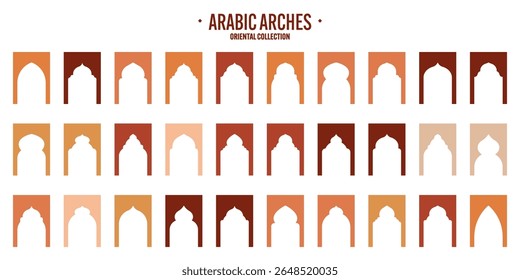 Islamic frames, oriental style objects. Arabic shapes, windows and arches. Traditional ornamental banner, frame. Muslim holidays, Ramadan Kareem. Modern eastern architecture. Vector illustration