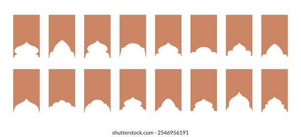 Marcos islámicos. Conjunto de bordes árabes beige sobre fondo blanco. Colección de arcos en estilo oriental. Elementos de vacaciones musulmanes. Ilustración vectorial de Antiguas.