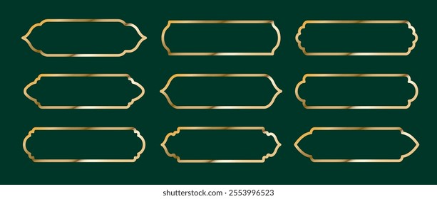 Islamic frames. Set of golden Arabian borders on dark background. Collection of arches in oriental style. Muslim holiday elements. Vintage Vector illustration.