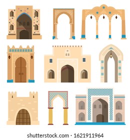 Islamic gates and archs decorated with mosaics, lanterns, columns. Ancient architecture elements. Flat vector illustration isolated on white.