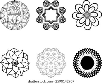 Islamic geometric mandala designs, intricate patterns, silhouettes.