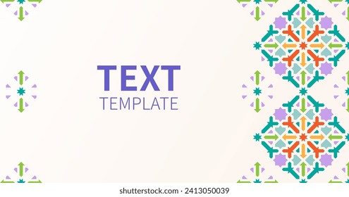 Islamic Geometric pattern Background. Design banner for Ramadan Kareem with Copy Space. Texture for greeting, colorful detail of mosaic. Arabic architectural style. Vector flat illustration.