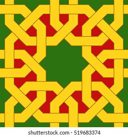 Islamic geometric pattern. Muslim mosaic. Oriental seamless ornaments based on traditional arabic art. Colorful vector illustration. Green, red and yellow arabian tile. Mosque decoration element.