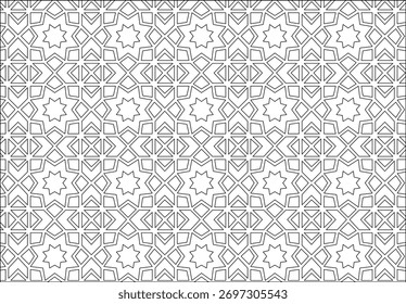Islamic geometric pattern with repeating stars and interlocking shapes. Elegant, symmetrical design for tiles, textiles, or decorative backgrounds. Monochrome, clean lines.