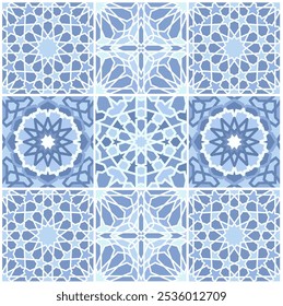 Islamic geometric pattern set in blue tones with symmetrical and intricate designs. Seamless pattern.