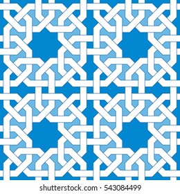 Islamic geometric pattern. Turkish ornament, traditional oriental arabic art. Muslim mosaic. Colorful vector illustration. Blue and white arabian tile. Mosque decoration element. Persian motif