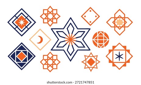 islamic geometric patterns orange blue star crescent