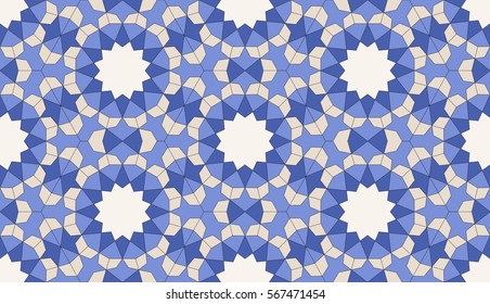 Islamic geometric seamless pattern, background in shades of blue, indigo