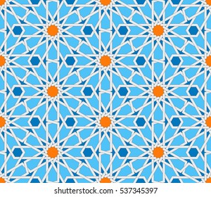 Islamic geometric seamless pattern. Turkish ornament, traditional oriental arabic art. Muslim mosaic. Colorful vector illustration. Blue and white arabian tile. Mosque decoration element Persian motif